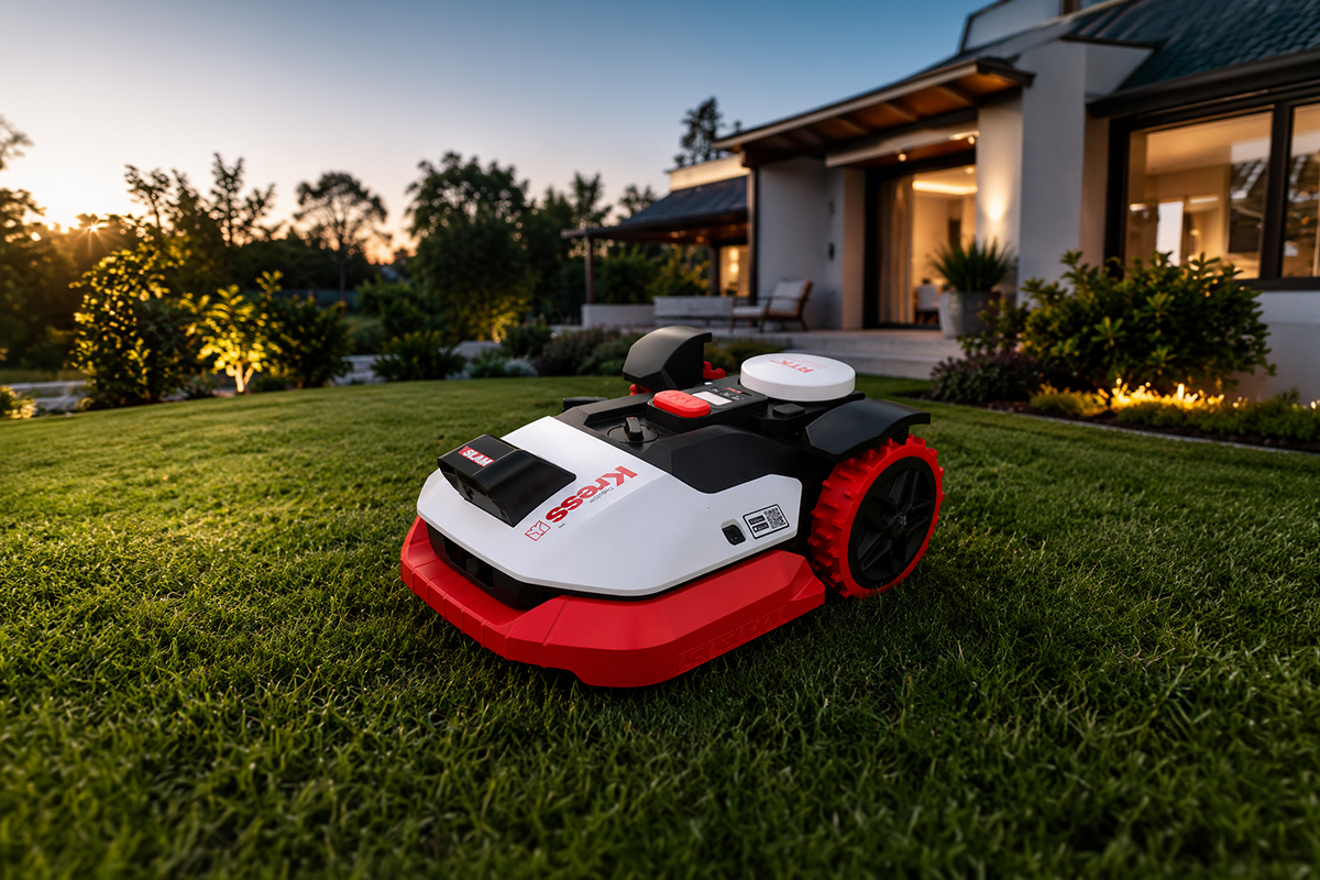 Mähroboter vor Wohnhaus